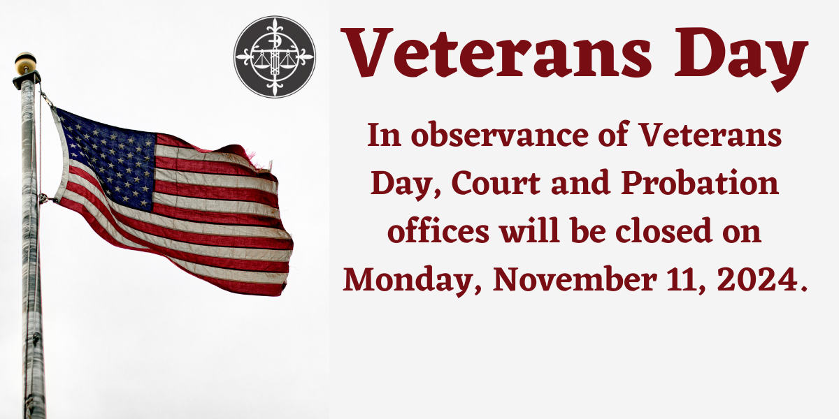 In observance of the holiday, Court and Probation Offices will be closed on 11/11/2024.