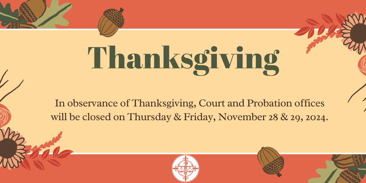 In observance of the holiday, Court and Probation Offices will be closed on 11/28/2024 and 11/29/2024.