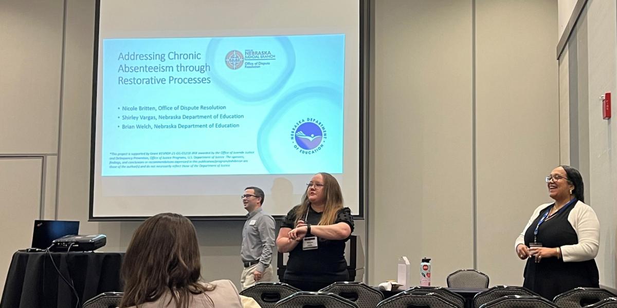 Nicole Britten, Program Specialist for the Office of Dispute Resolution (ODR), presented “Addressing Chronic Absenteeism through Restorative Processes” at the 2024 Nebraska Juvenile Justice Association Conference, along with Shirley Vargas and Brian Welch with the Nebraska Department of Education (NDE).