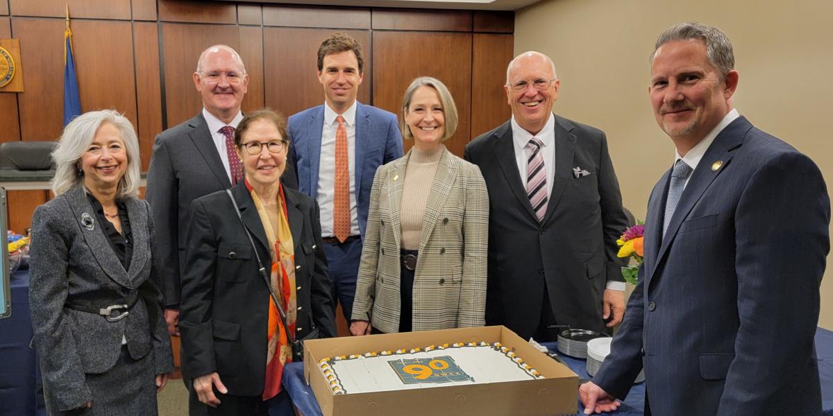 Photo (L to R): Nebraska Workers’ Compensation Court Administrator Jill Schroeder with Nebraska Supreme Court Justices Jason Bergevin, Lindsey Miller-Lerman, Jonathan Papik, Stephanie Stacy, William Cassel, and Chief Justice Jeffrey Funke. 