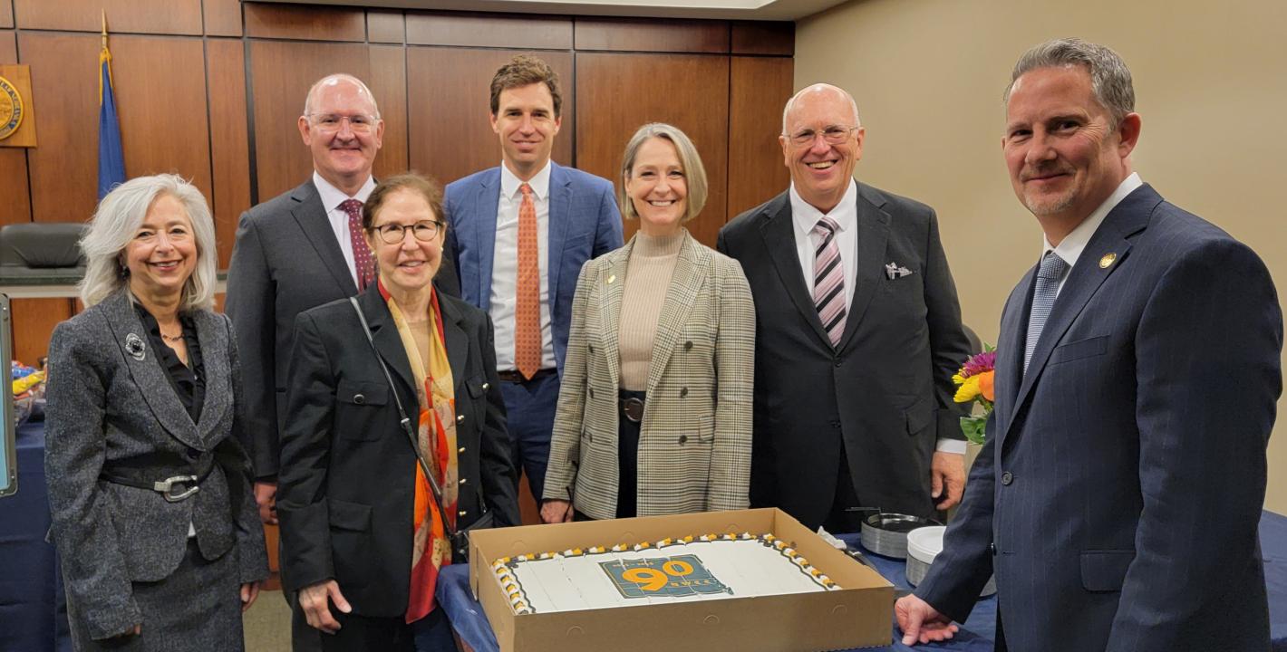 Photo (L to R): Nebraska Workers’ Compensation Court Administrator Jill Schroeder with Nebraska Supreme Court Justices Jason Bergevin, Lindsey Miller-Lerman, Jonathan Papik, Stephanie Stacy, William Cassel, and Chief Justice Jeffrey Funke. 