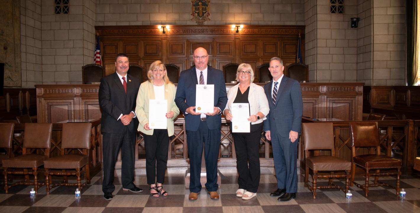 State Court Administrator Corey Steel, State Probation Administrator Deb Minardi, Chief Probation Officer and peer support team member Jeff Jennings, Problem-Solving Court Coordinator and peer support team member Heather Moran, and Justice Jeff Funke.