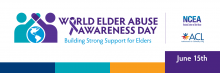 "World Elder Abuse Awareness Day" banner with blue, green, orange, and purple color blocks