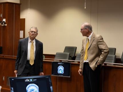 Chief Justice Heavican, left, and Judge Andrew Jacobsen, right