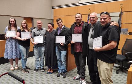 Photo L to R: Jennifer, Alyssa, Joe, Judge Stefanie Martinez, Daniel, Phillip, Judge Robert West, and Joe.