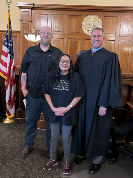 Photo: Graduate Scott, Graduate Mindy, and Judge David Bargen.